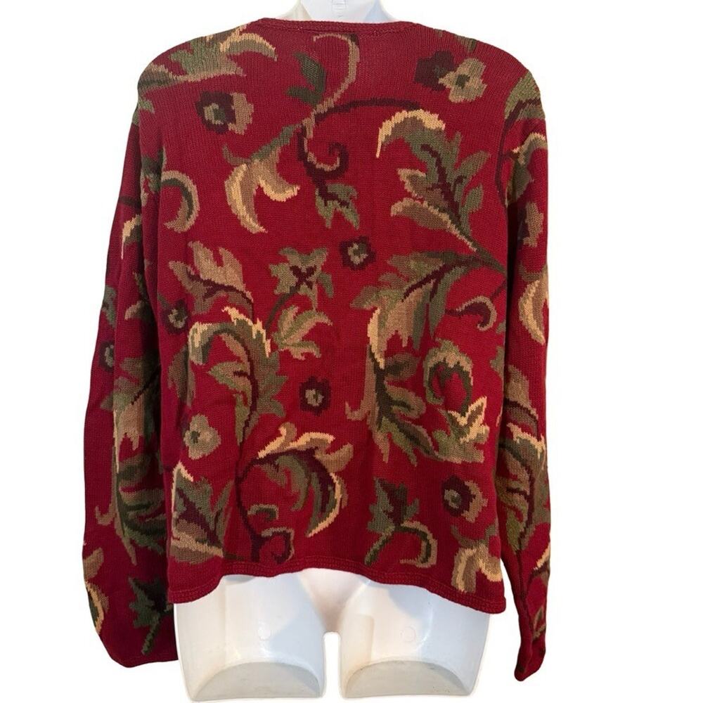 Talbots Red Leaf Design Cotton & Ramie Blend Zip Up Cardigan Sweater sz Large - Picture 6 of 16
